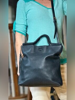 Tory Burch Classic Taylor Black Pebbled Leather Convertible Foldover Crossbody